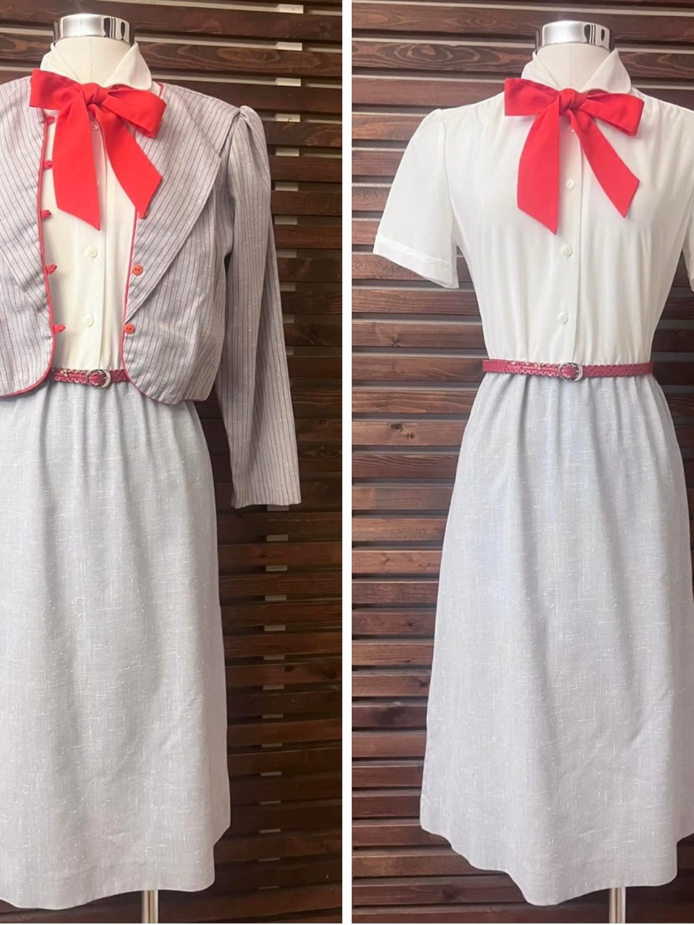 1980s Vintage 2 Pc White Button & Gray Skirt Dress Red Bow & Bolero Jacket Set